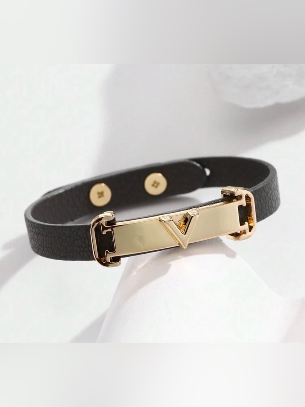 Gold-Tone Metal V-Logo Black Leather LUX Bracelet